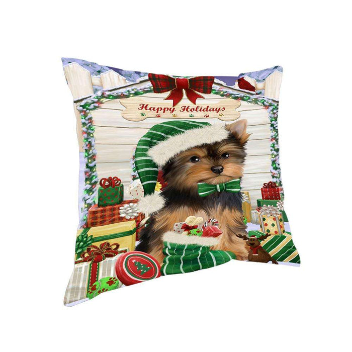 Happy Holidays Christmas Yorkshire Terrier Dog House with Presents Pillow PIL62528