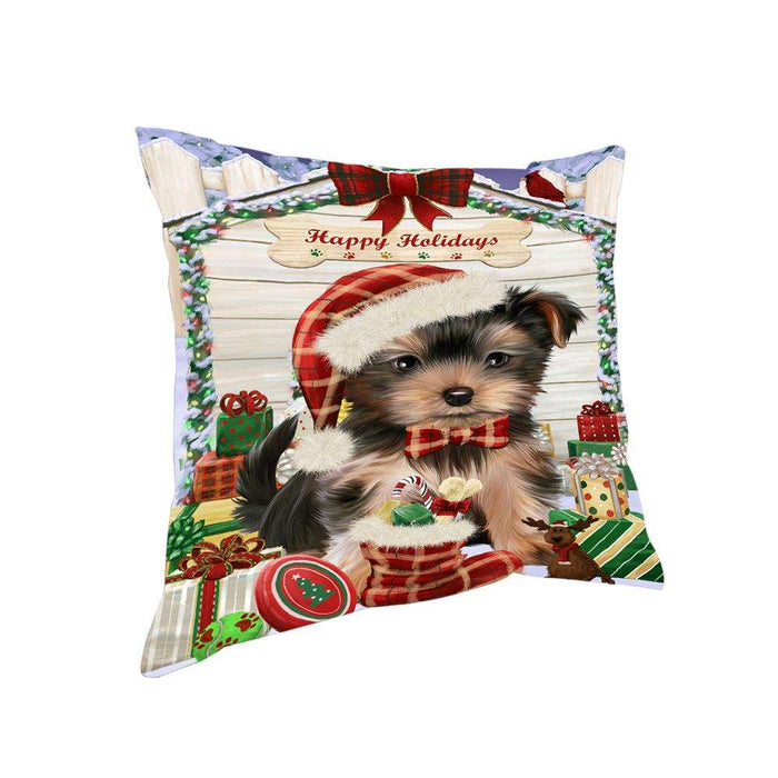 Happy Holidays Christmas Yorkshire Terrier Dog House with Presents Pillow PIL62532