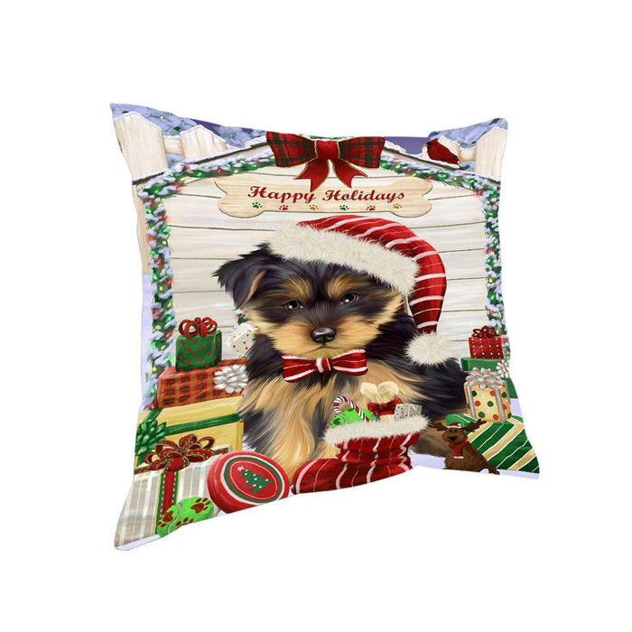 Happy Holidays Christmas Yorkshire Terrier Dog House with Presents Pillow PIL62536