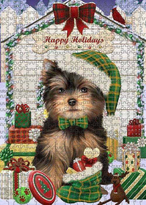 Happy Holidays Christmas Yorkshire Terrier Dog House with Presents Puzzle with Photo Tin PUZL58707