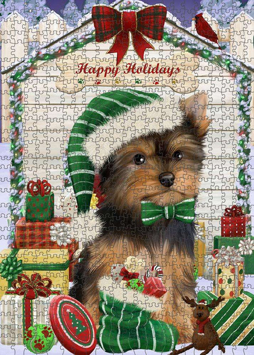 Happy Holidays Christmas Yorkshire Terrier Dog House with Presents Puzzle with Photo Tin PUZL58710