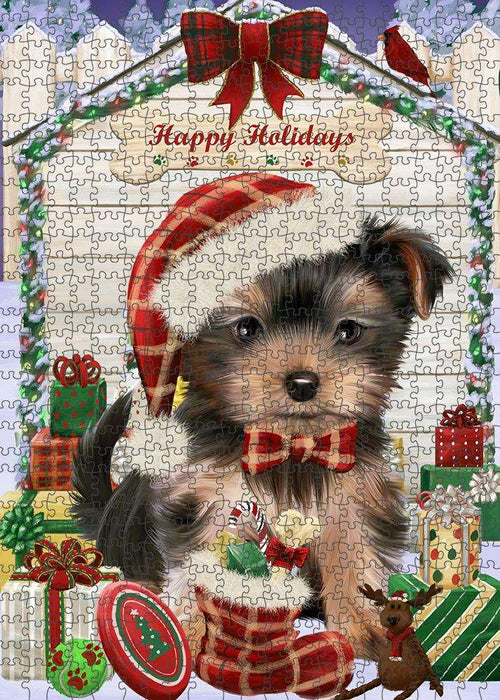 Happy Holidays Christmas Yorkshire Terrier Dog House with Presents Puzzle with Photo Tin PUZL58713