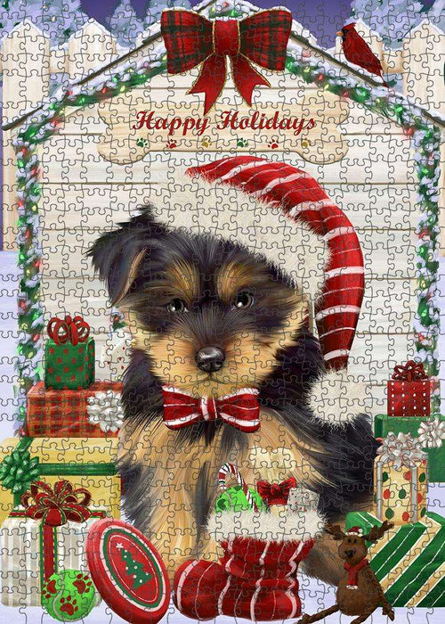 Happy Holidays Christmas Yorkshire Terrier Dog House with Presents Puzzle with Photo Tin PUZL58716