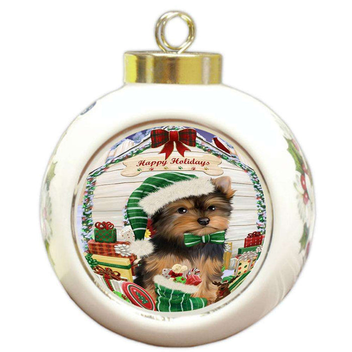 Happy Holidays Christmas Yorkshire Terrier Dog House With Presents Round Ball Christmas Ornament RBPOR51541