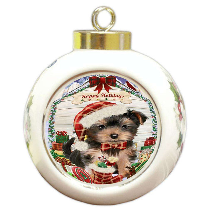 Happy Holidays Christmas Yorkshire Terrier Dog House With Presents Round Ball Christmas Ornament RBPOR51542