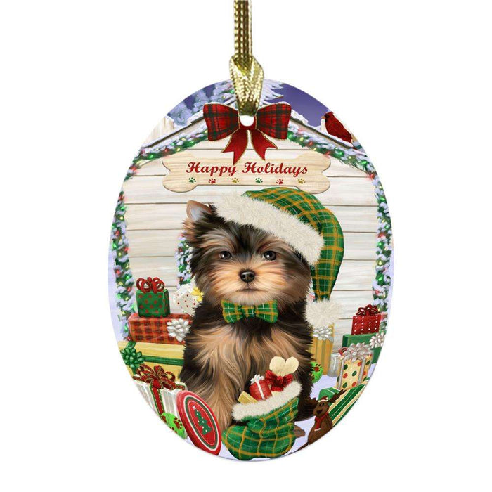 Happy Holidays Christmas Yorkshire Terrier House With Presents Oval Glass Christmas Ornament OGOR50002