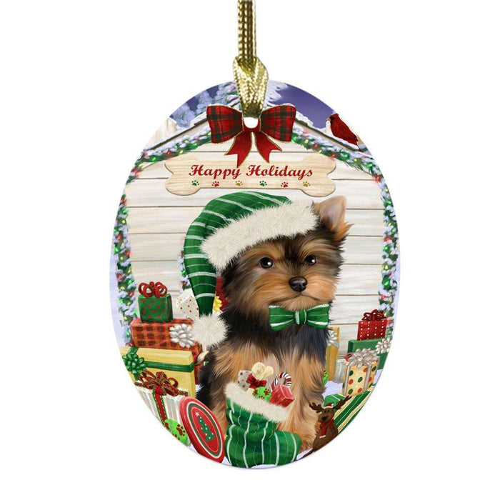 Happy Holidays Christmas Yorkshire Terrier House With Presents Oval Glass Christmas Ornament OGOR50003