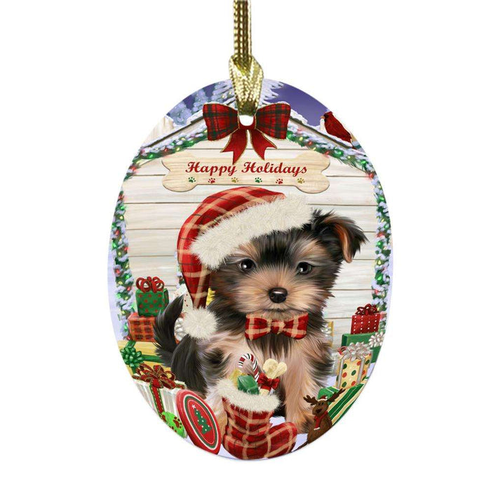 Happy Holidays Christmas Yorkshire Terrier House With Presents Oval Glass Christmas Ornament OGOR50004