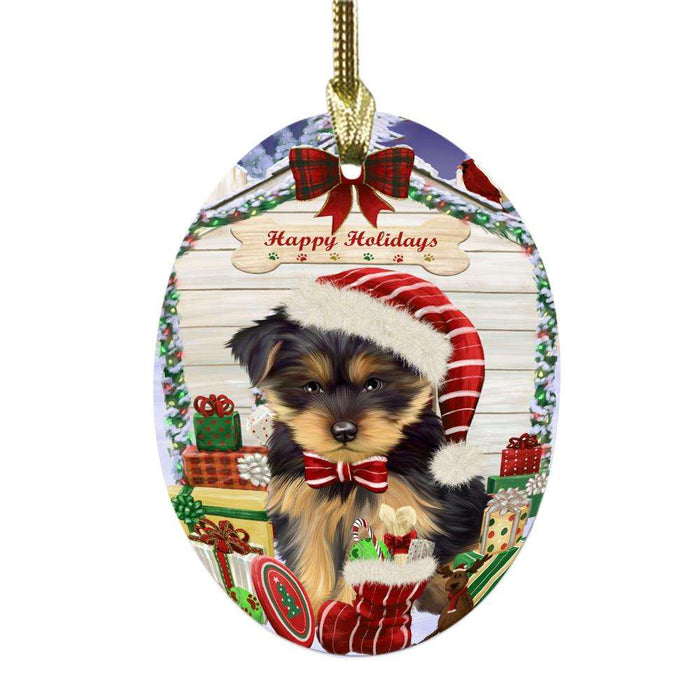 Happy Holidays Christmas Yorkshire Terrier House With Presents Oval Glass Christmas Ornament OGOR50005