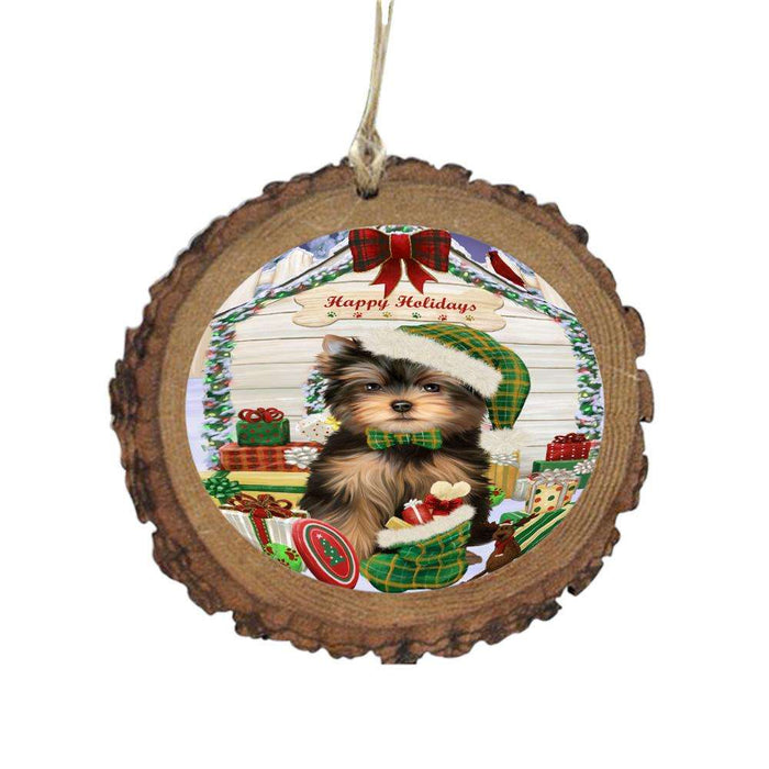 Happy Holidays Christmas Yorkshire Terrier House With Presents Wooden Christmas Ornament WOR50002