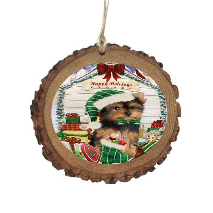 Happy Holidays Christmas Yorkshire Terrier House With Presents Wooden Christmas Ornament WOR50003