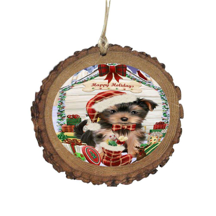 Happy Holidays Christmas Yorkshire Terrier House With Presents Wooden Christmas Ornament WOR50004
