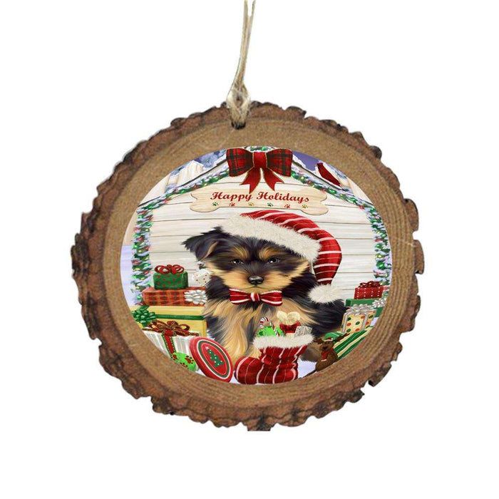 Happy Holidays Christmas Yorkshire Terrier House With Presents Wooden Christmas Ornament WOR50005