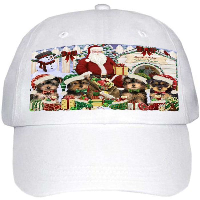 Happy Holidays Christmas Yorkshire Terriers Dog House Gathering Ball Hat Cap HAT58158