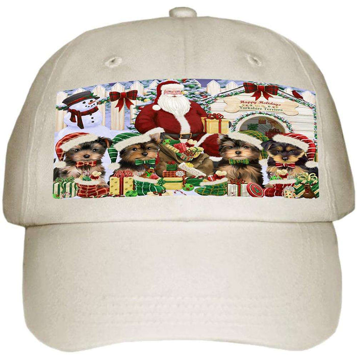 Happy Holidays Christmas Yorkshire Terriers Dog House Gathering Ball Hat Cap HAT58158