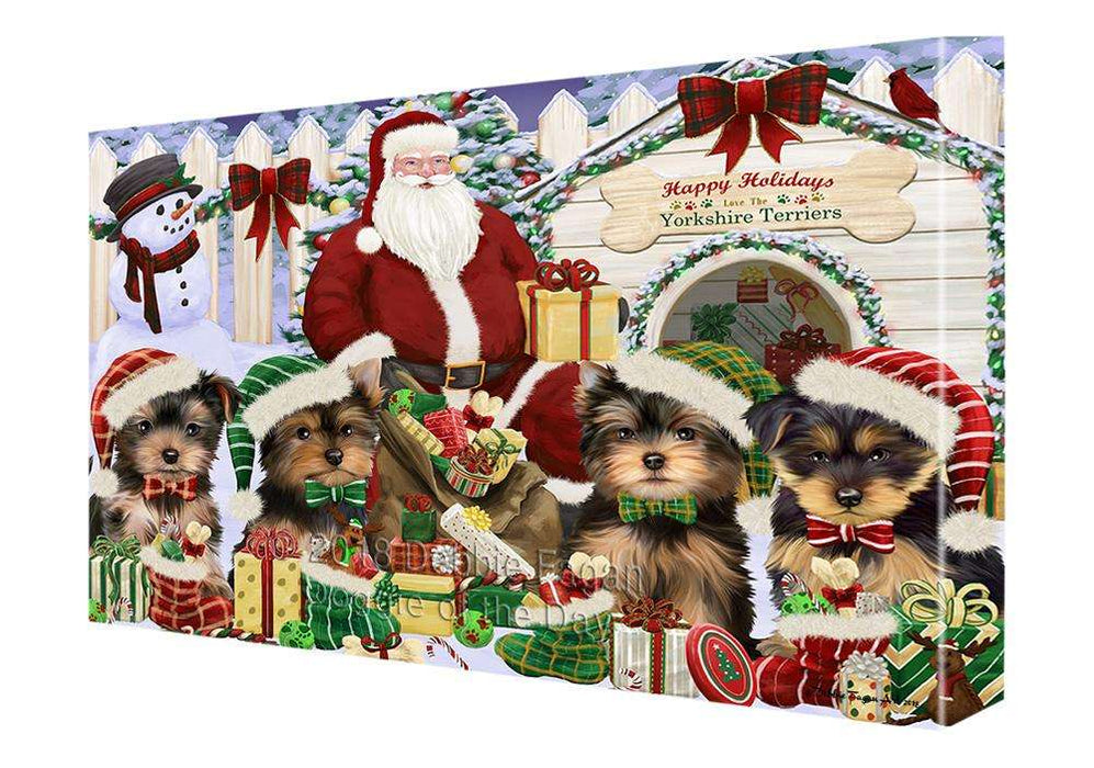 Happy Holidays Christmas Yorkshire Terriers Dog House Gathering Canvas Print Wall Art Décor CVS80540