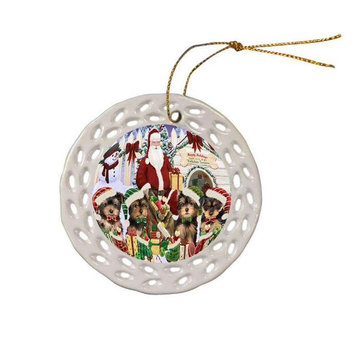 Happy Holidays Christmas Yorkshire Terriers Dog House Gathering Ceramic Doily Ornament DPOR51475