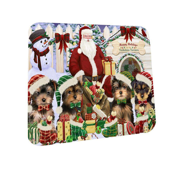 Happy Holidays Christmas Yorkshire Terriers Dog House Gathering Coasters Set of 4 CST51434