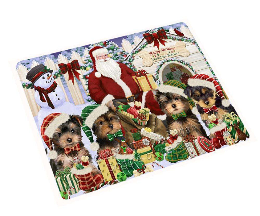 Happy Holidays Christmas Yorkshire Terriers Dog House Gathering Cutting Board C58674