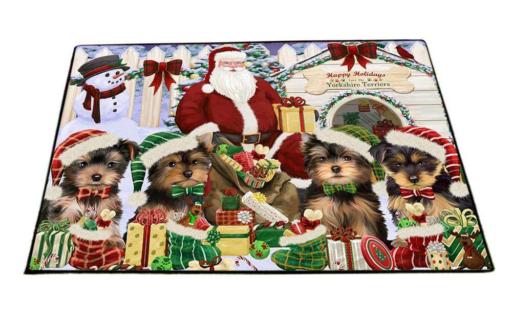 Happy Holidays Christmas Yorkshire Terriers Dog House Gathering Floormat FLMS51180