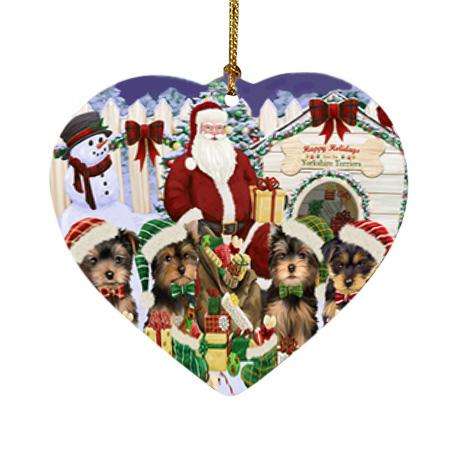 Happy Holidays Christmas Yorkshire Terriers Dog House Gathering Heart Christmas Ornament HPOR51475