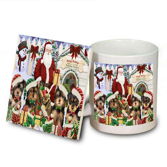 Happy Holidays Christmas Yorkshire Terriers Dog House Gathering Mug and Coaster Set MUC51467