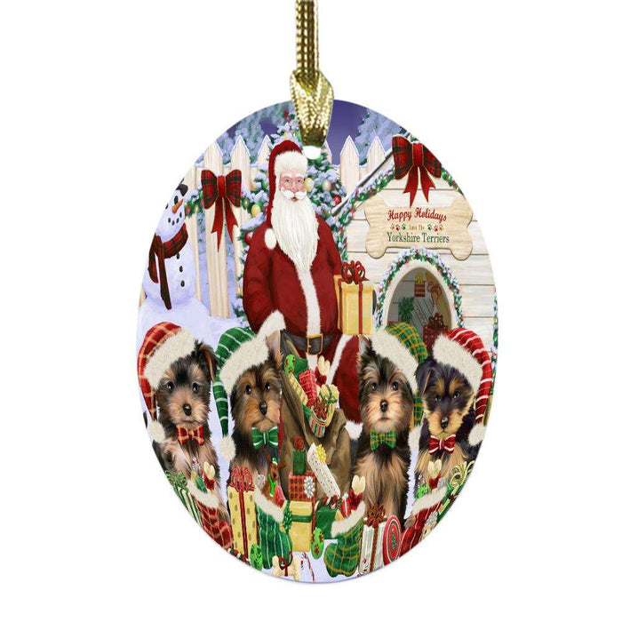 Happy Holidays Christmas Yorkshire Terriers Dog House Gathering Oval Glass Christmas Ornament OGOR49737