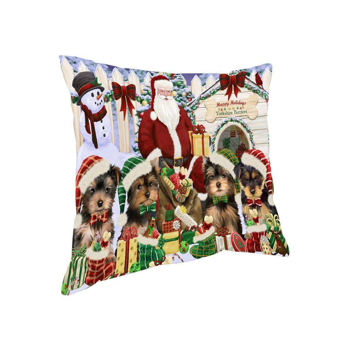Happy Holidays Christmas Yorkshire Terriers Dog House Gathering Pillow PIL62264