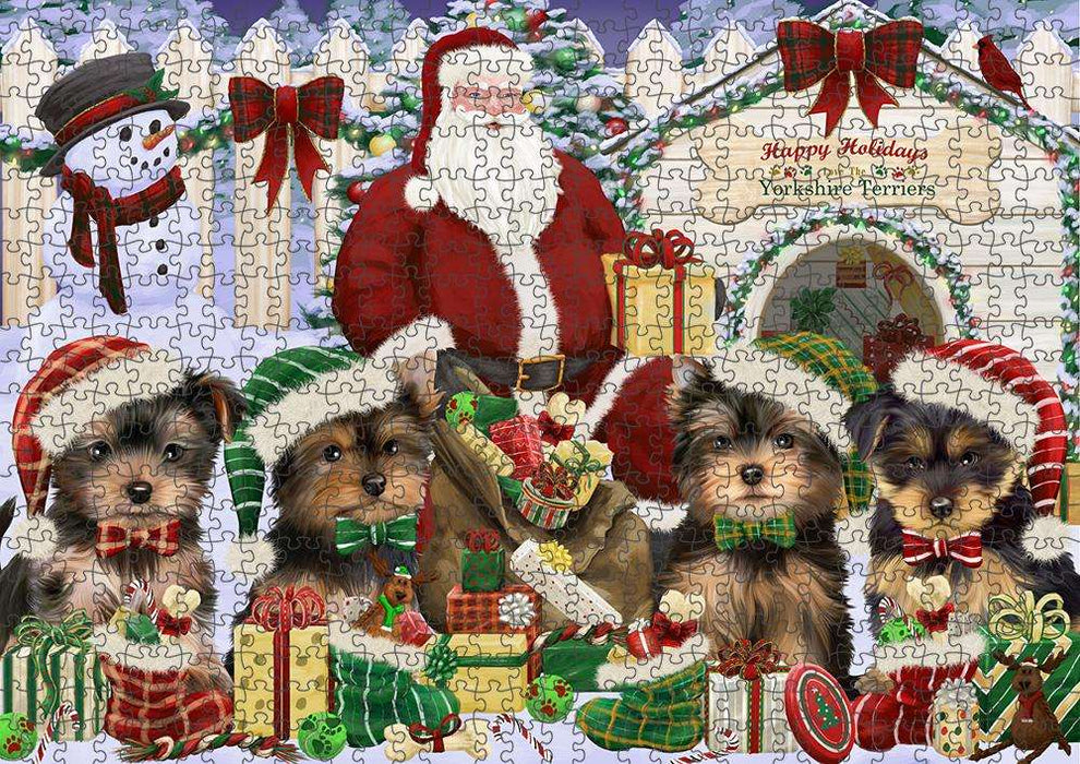 Happy Holidays Christmas Yorkshire Terriers Dog House Gathering Puzzle with Photo Tin PUZL58512