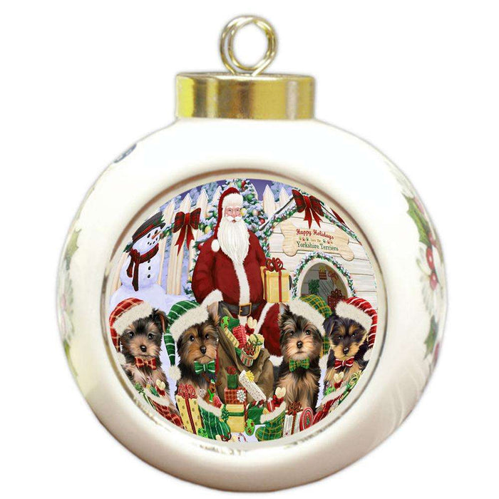 Happy Holidays Christmas Yorkshire Terriers Dog House Gathering Round Ball Christmas Ornament RBPOR51475