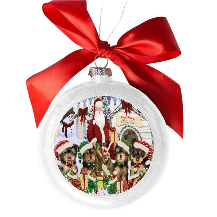 Happy Holidays Christmas Yorkshire Terriers Dog House Gathering White Round Ball Christmas Ornament WBSOR49737