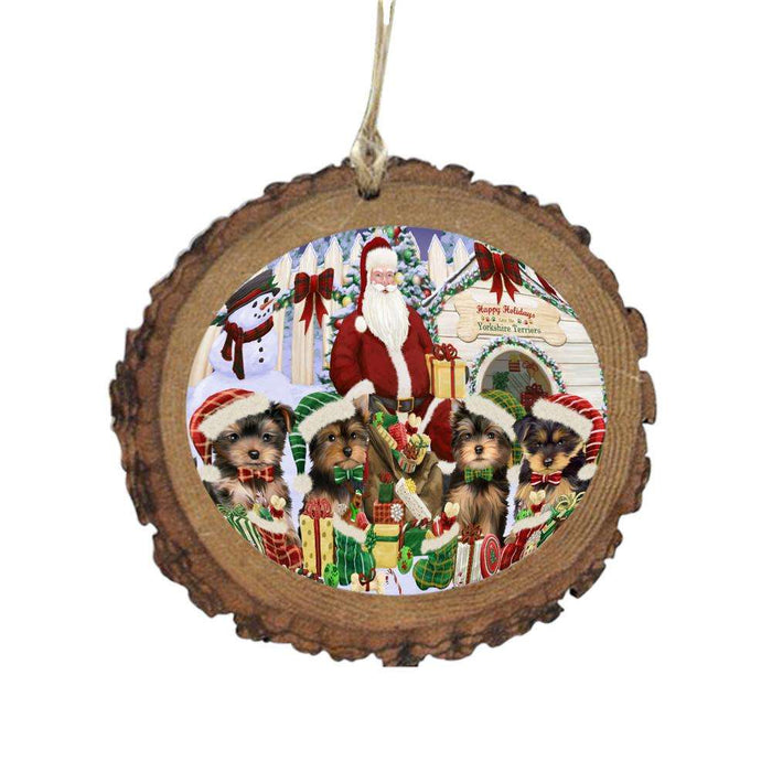 Happy Holidays Christmas Yorkshire Terriers Dog House Gathering Wooden Christmas Ornament WOR49737