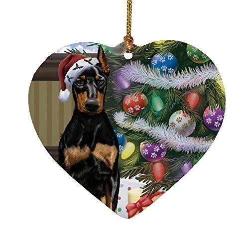 Happy Holidays Doberman Pinschers Dog with Tree and Presents Heart Christmas Ornament