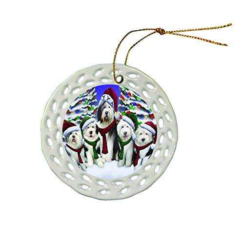 Happy Holidays Old English Sheepdog Dog Family Portrait Christmas Round Porcelain Ornament POR008