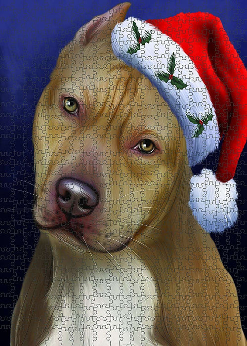 Happy Holidays Pit Bull Dog Portrait Head Christmas Puzzle with Photo Tin PUZL924