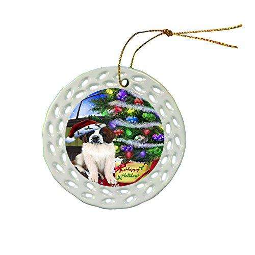Happy Holidays Saint Bernard Dog Tree and Presents Christmas Round Porcelain Ornament POR005