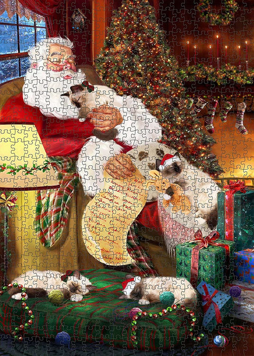 Happy Holidays Santa Sleeping with Birman Cat Christmas Puzzle with Photo Tin PUZL1029