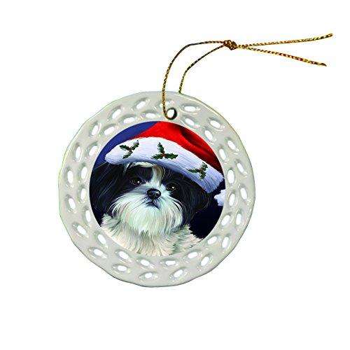 Happy Holidays Shih Tzu Dog Wearing Santa Hat Christmas Round Porcelain Ornament POR002