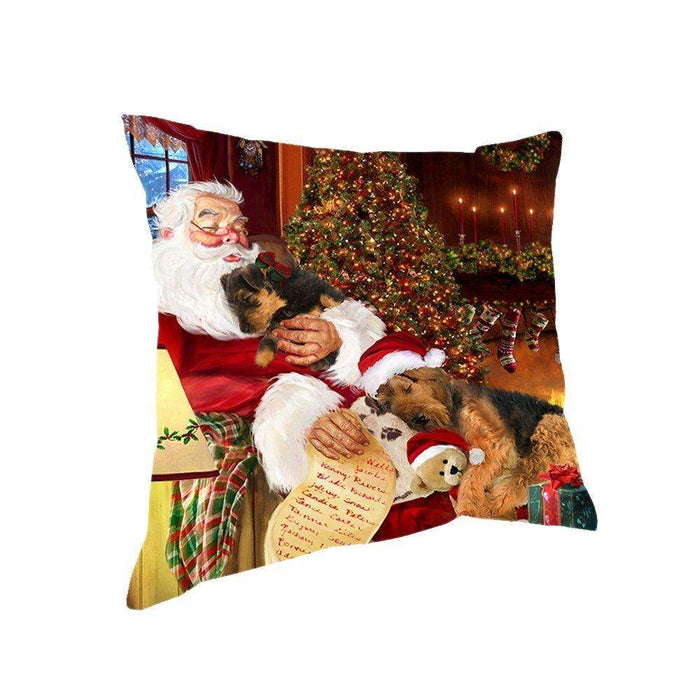 Happy Holidays with Santa Sleeping with Airedale Dogs Christmas Pillow