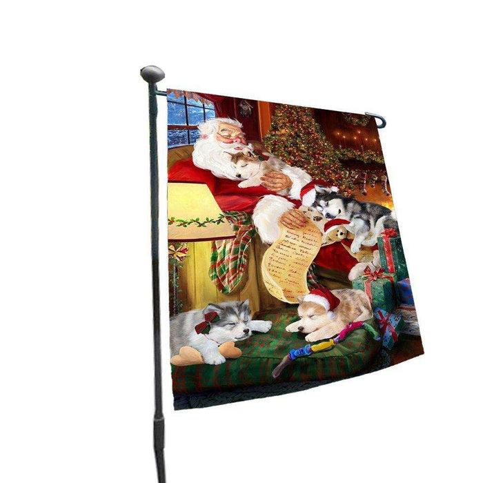 Happy Holidays with Santa Sleeping with Alaskan Malamute Dogs Christmas Garden Flag