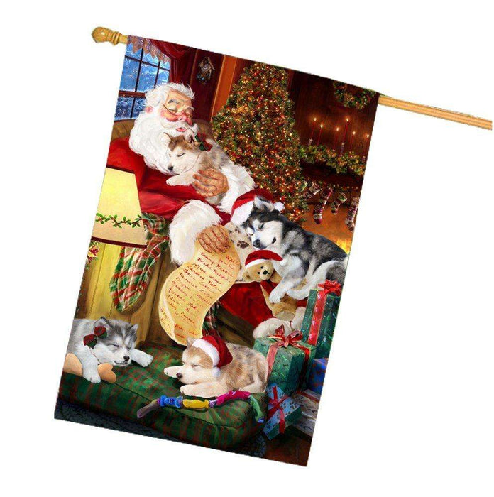 Happy Holidays with Santa Sleeping with Alaskan Malamute Dogs Christmas House Flag