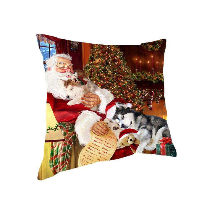 Happy Holidays with Santa Sleeping with Alaskan Malamute Dogs Christmas Pillow