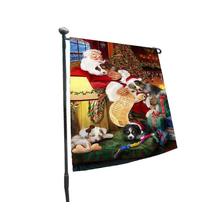 Happy Holidays with Santa Sleeping with Australian Shepherd Dogs Christmas Garden Flag