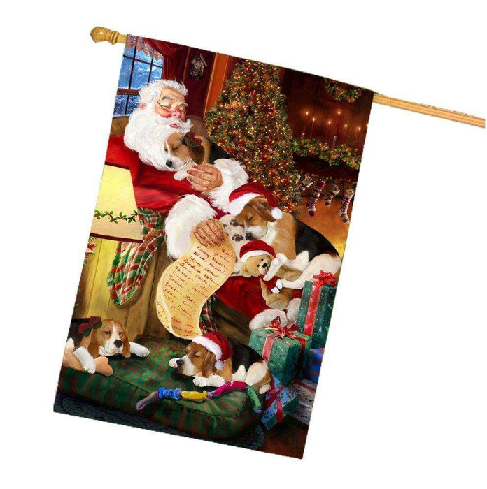 Happy Holidays with Santa Sleeping with Beagle Dogs Christmas House Flag