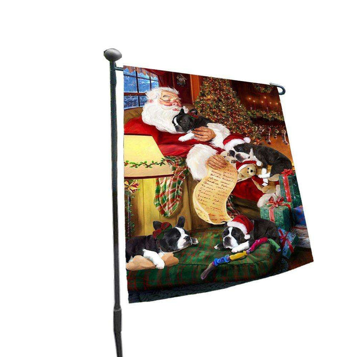 Happy Holidays with Santa Sleeping with Boston Terrier Dogs Christmas Garden Flag