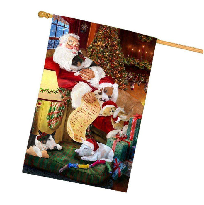 Happy Holidays with Santa Sleeping with Bull Terrier Dogs Christmas House Flag