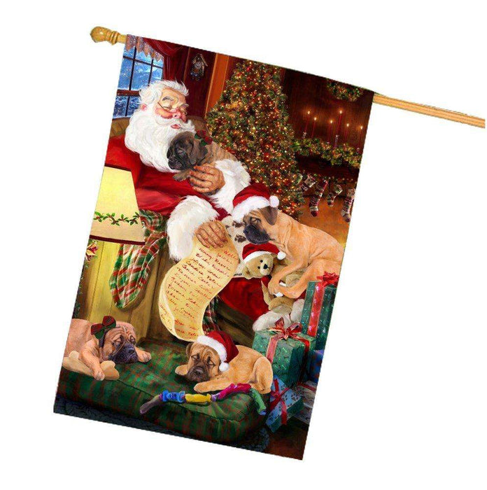Happy Holidays with Santa Sleeping with Bullmastiff Dogs Christmas House Flag