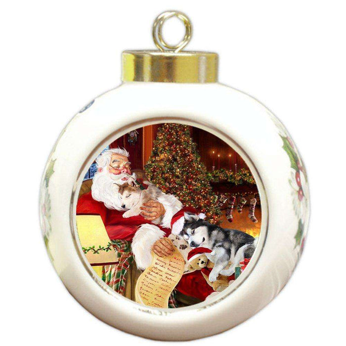 Happy Holidays with Santa Sleeping with Christmas Alaskan Malamute Dogs Holiday Ornament