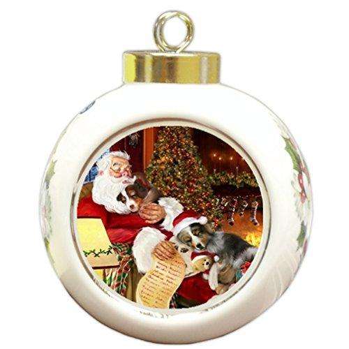 Happy Holidays with Santa Sleeping with Christmas Australian Shepherd Dogs Holiday Ornament