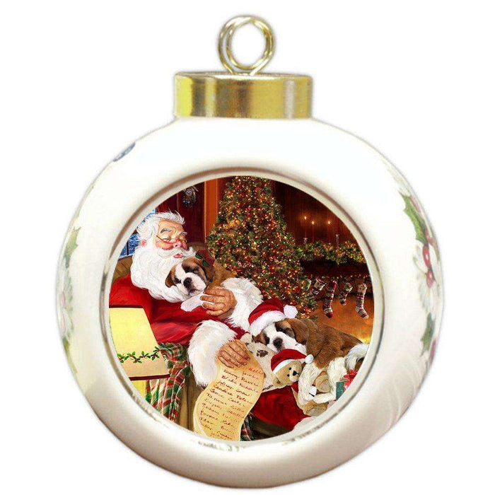 Happy Holidays with Santa Sleeping with Christmas Saint Bernards Dogs Holiday Ornament